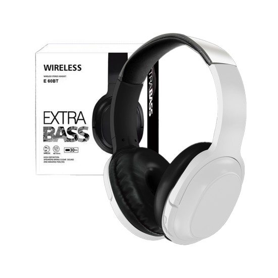 Auscultadores Sem Fio Estéreo Hifi E 60BT com Microfone e Controle de Volume Branco Auscultadores Sem Fio Estéreo Hifi E 60BT com Microfone e Controle de Volume Branco
